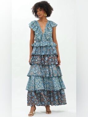 Oliphant NWOT Yoke Ruffle Maxi Ivy Blue Gold Color Floral Tiered  Dress Small